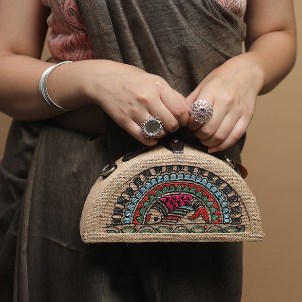 Madhubani Fish Half Round Embroidered Jute Bag