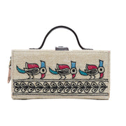 Madhubani Bird Hand Embroidered clutch bag (jute bag) made by gonecase