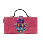 Hamsa Pink Hand embroidered clutch bag (jute bag) by gonecase