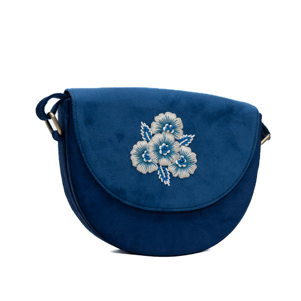 Blue hand embroidered lune bag