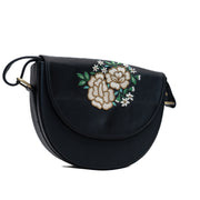 Floral hand embroidered black lune bag