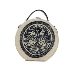 Madhubani Peacock Embroidered Round bag by gonecase