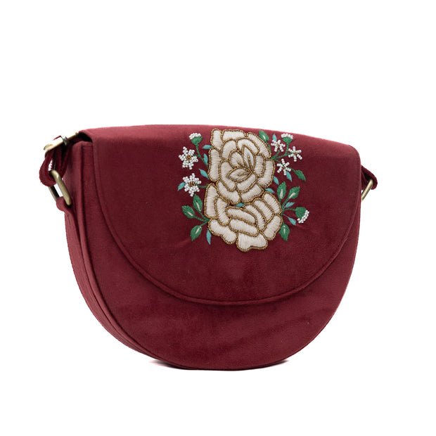 Floral cherry color hand embroidered sling bag