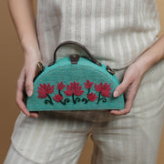 Lotus Half Round Embroidered Jute Bag