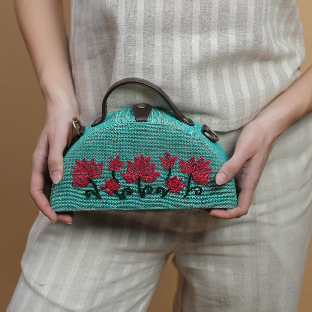 Lotus Half Round Embroidered Jute Bag