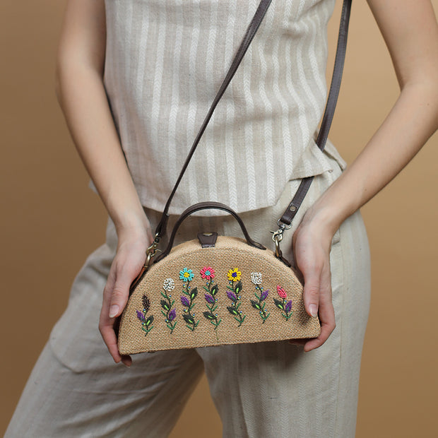 Baagecha Half Round Embroidered Jute Bag