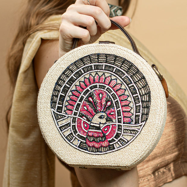 Madhubani Beads Embroidered Sling Round Jute Bag