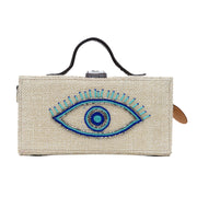 Evil eye hand embroidered jute clutch bag