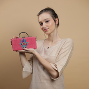 Hamsa Pink Hand embroidered clutch bag (jute bag)