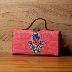 Hamsa Pink Hand embroidered clutch bag (jute bag) 