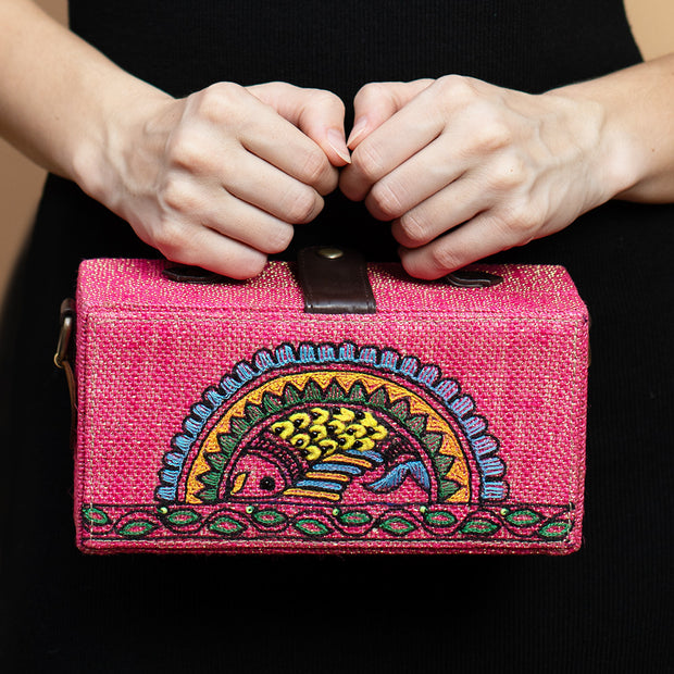 Madhubani Fish Hand Embroidered Clutch Bag (jute bag)