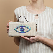 Evil eye hand embroidered jute clutch bag