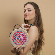 Mandala hand embroidered round jute bag