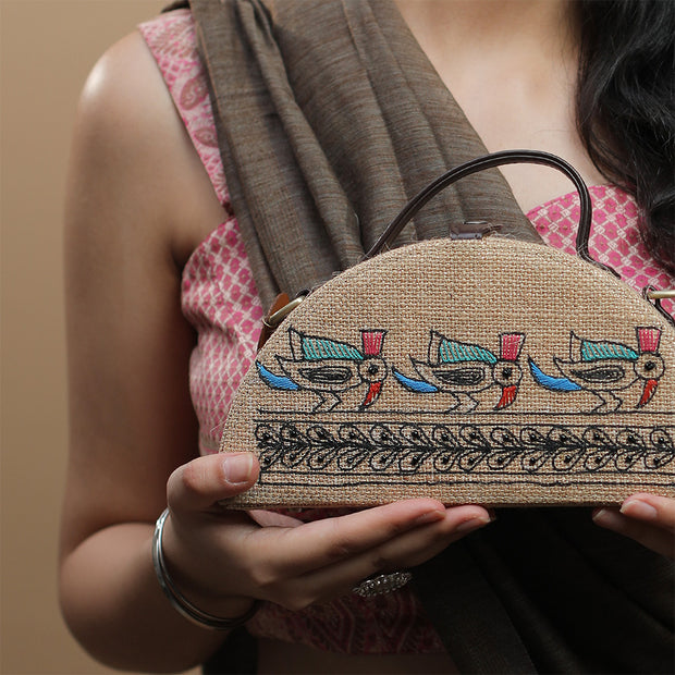 Madhubani Birds Half Round Embroidered Jute Bag