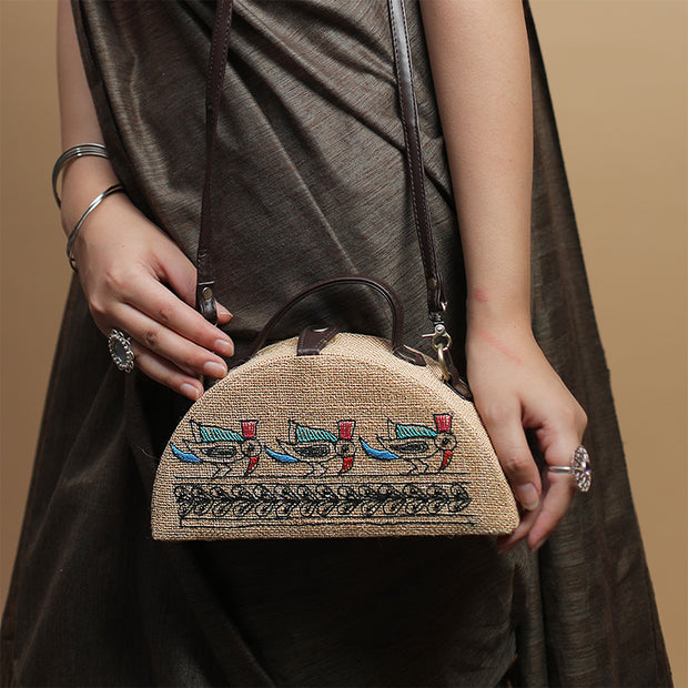 Madhubani Birds Half Round Embroidered Jute Bag