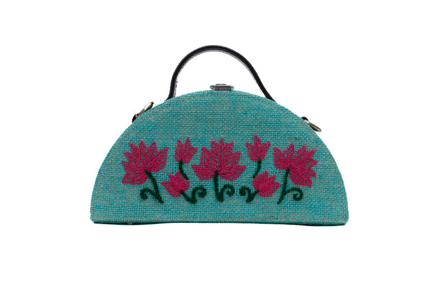 Lotus Half Round Embroidered Jute Bag by gonecase