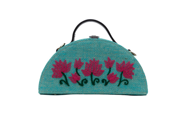 Lotus Half Round Embroidered Jute Bag order now from: www.gonecase.in