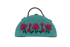 Lotus Half Round Embroidered Jute Bag