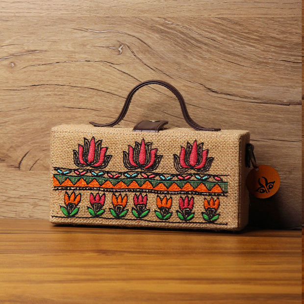 Lotus Madhubani clutch bag (jute bag)