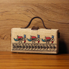 Madhubani Bird Hand Embroidered clutch bag (jute bag)