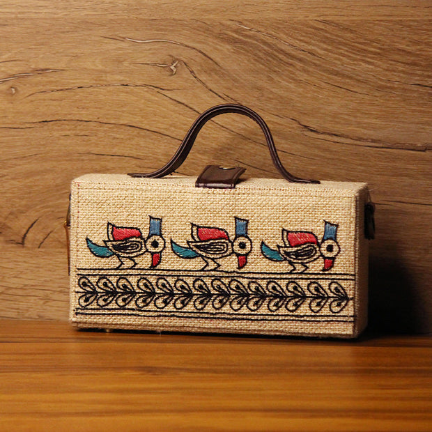 Madhubani Bird Hand Embroidered clutch bag (jute bag)