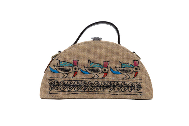 Madhubani Birds Half Round Embroidered Jute Bag by gonecase