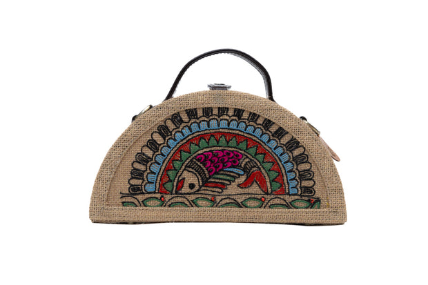 Madhubani Fish Half Round Embroidered Jute Bag by gonecase