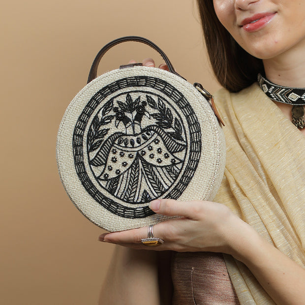 Madhubani Peacock Embroidered Round bag