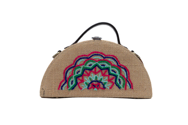 Mandala Half Round Embroidered Jute Bag made by gonecase