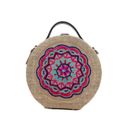 Mandala hand embroidered round red jute bag