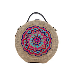 Mandala hand embroidered round red jute bag