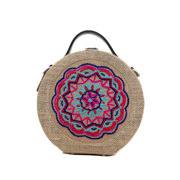 Mandala hand embroidered round jute bag