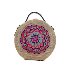 Mandala hand embroidered round jute bag