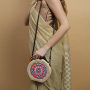 Mandala hand embroidered round jute bag