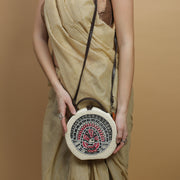 Madhubani Beads Embroidered Sling Round Jute Bag