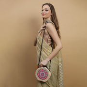 Mandala hand embroidered round jute bag