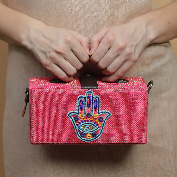 Hamsa Pink Hand embroidered clutch bag (jute bag)