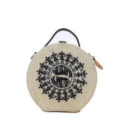 Warli Art hand embroidered round jute bag