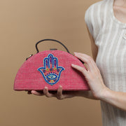 Hamsa Pink Half Round Embroidered Jute Bag