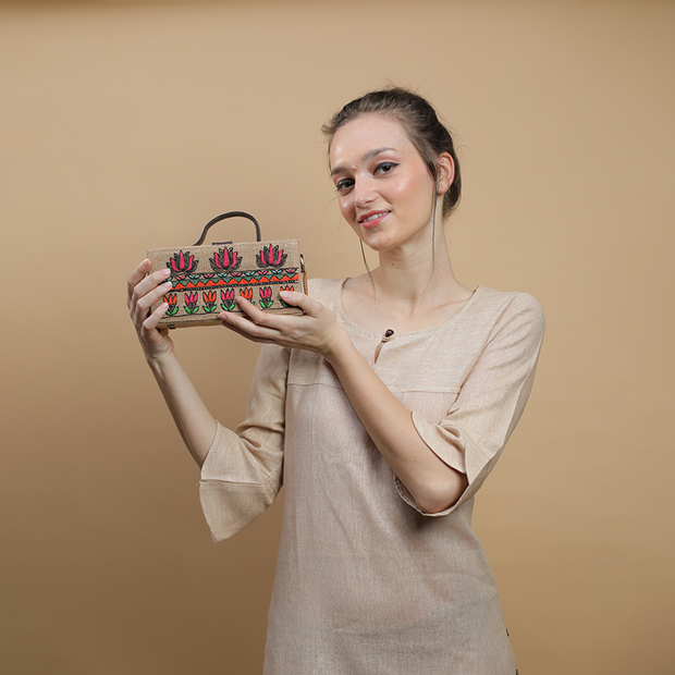 Lotus Madhubani clutch bag (jute bag)