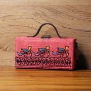 Madhubani Bird Hand Embroidered clutch bag (jute bag) made by gonecase.in