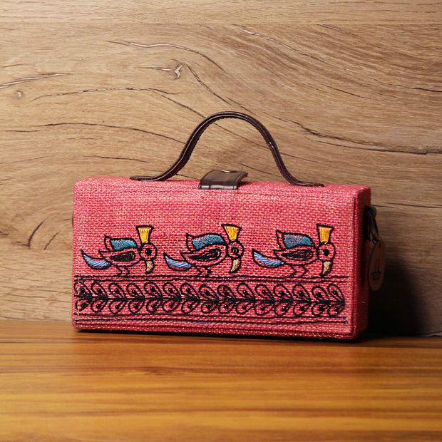 Madhubani Bird Hand Embroidered clutch bag (jute bag) made by gonecase.in