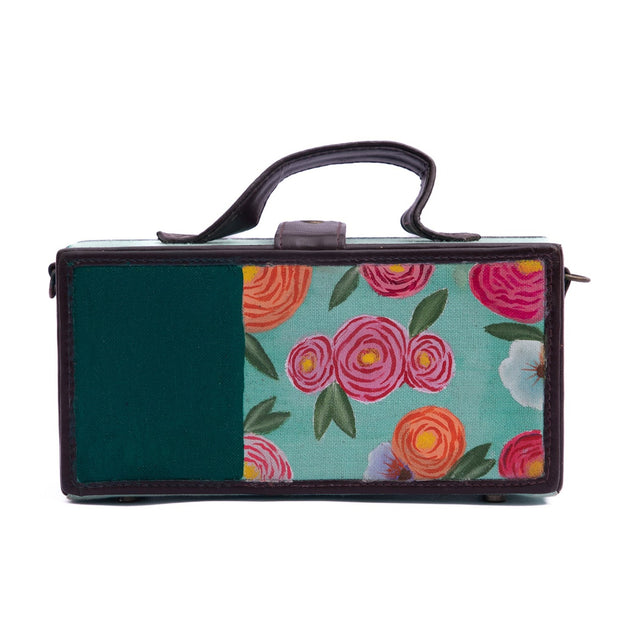 Floral teal hand painted clutch bag