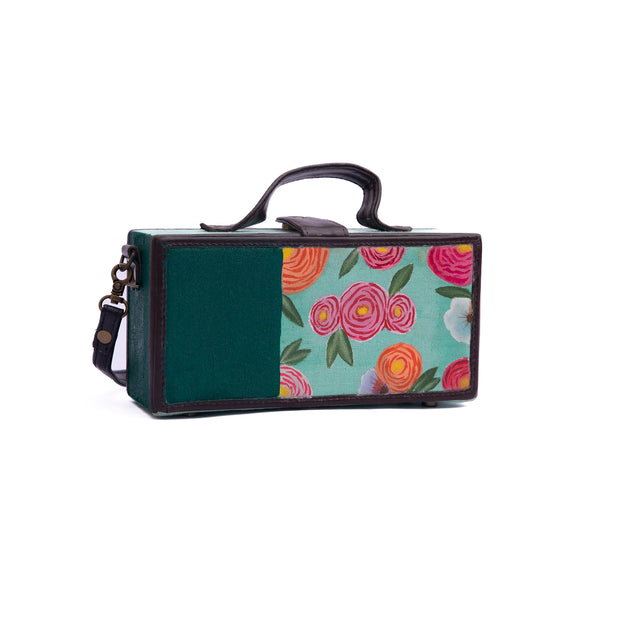 Floral teal hand painted clutch bag