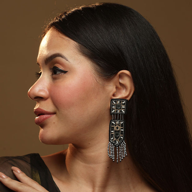 Banjaran long black embroidered earring by gonecase