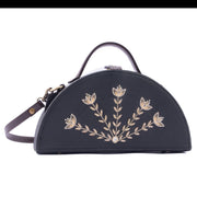 Bloom black hand embroidered semi circle clutch bag for women