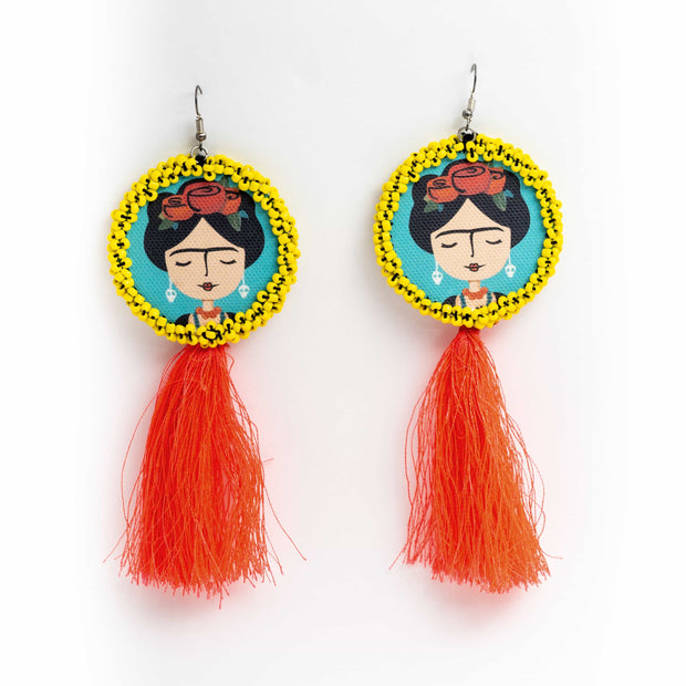 Frida kahlo  Pink Tassel Handcrafted Earrings ,Earrings, gonecasestore - gonecasestore